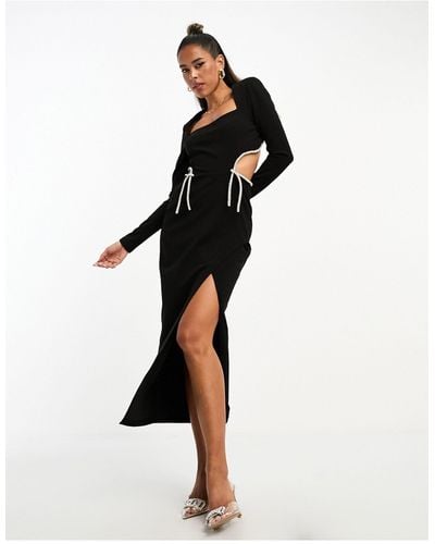 ASOS Long Sleeve Cut Out Midi Dress With Diamante Trims - Black