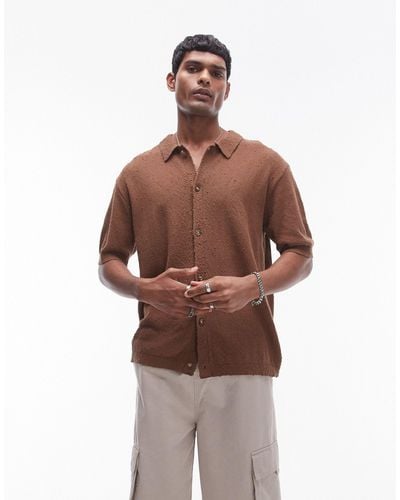 TOPMAN Knitted Textured Button Through Shirt - Brown