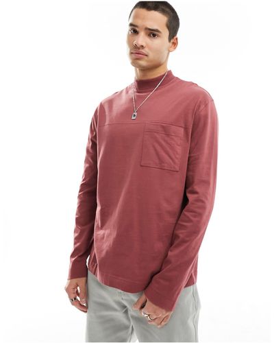 ASOS T-shirt à manches longues, col roulé avec poche - bordeaux délavé - Rouge