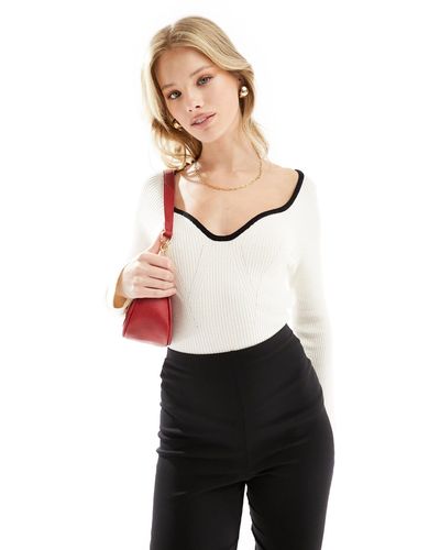 Object Skinny Rib Knitted Top With Contrast Piping - White
