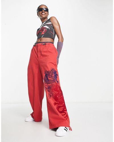 Jaded London Low Rise Parachute Pants With Flocking - Red