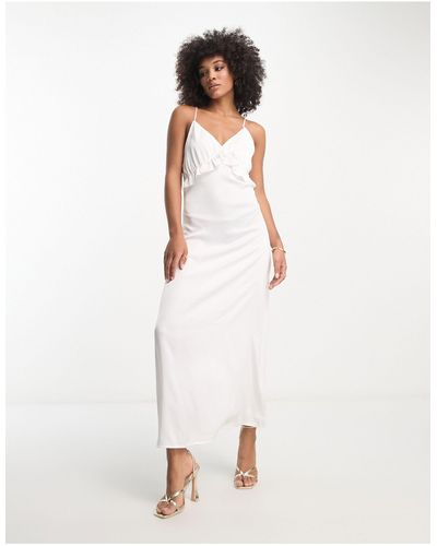 Vila Bridal Satin Slip Maxi Dress With Frill Detail - White