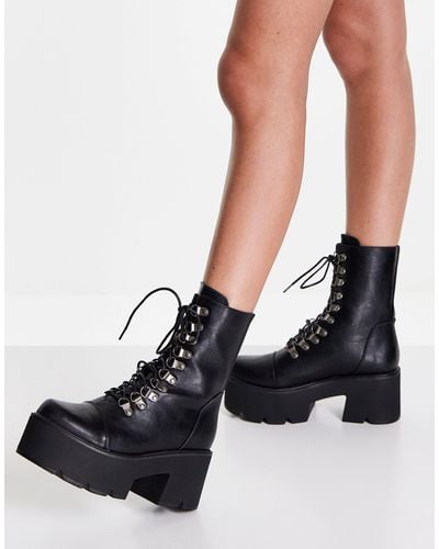 LAMODA Chunky Lace Up Boots - Black