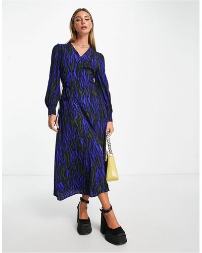 Whistles Balloon Sleeve Midi Dress With Tie Side - Blue