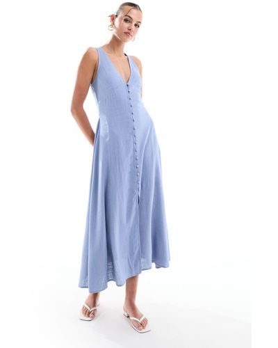 ASOS Button Down Linen Midi Dress With Full Skirt - Blue