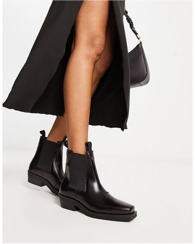 & Other Stories Leather Square Toe Western Biker Boots - Black