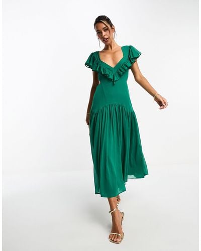 ASOS Flutter Sleeve Ruffle Midi Dress With Open Back - Green