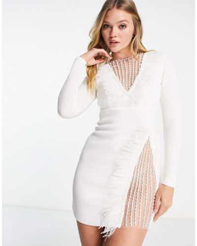 Starry Eyed Premium Embellished Trim Mini Cut Out Pencil Dress With Faux Feather Trims - White