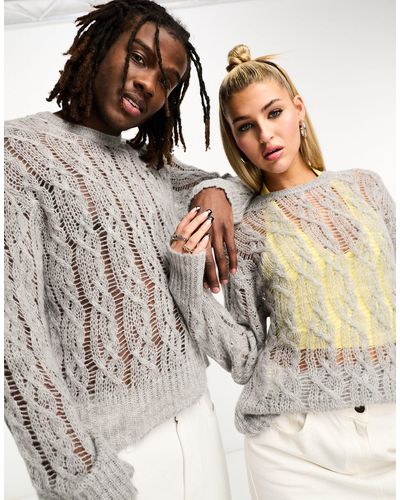 Collusion Unisex Open Stitch Knitted Cable Crewneck - Metallic