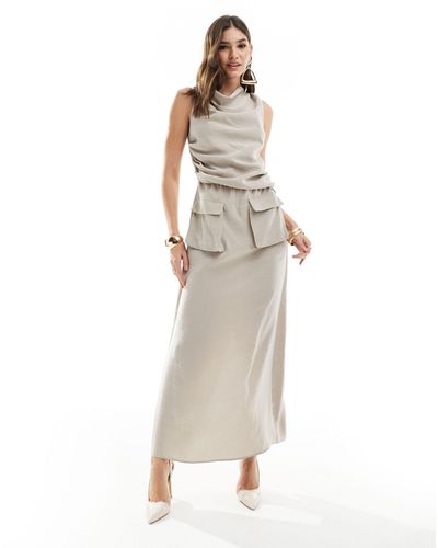 ASOS Cowl Neck Midi Dress With Pocket Detail - Natural