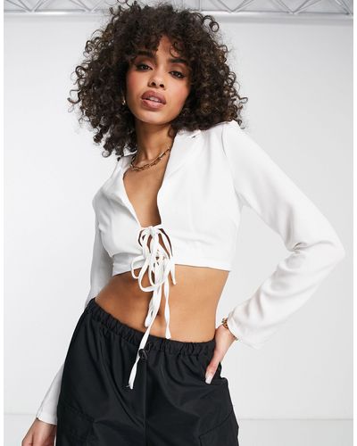 Naanaa Tie Front Cropped Blazer - White
