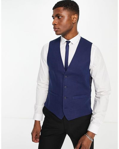 French Connection Slim Fit Linen Suit Waistcoat - Blue