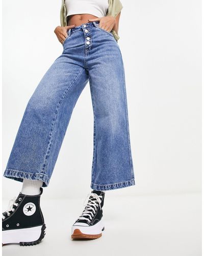 Pimkie – jeans mit hohem bund, knöpfen, weitem bein und stone-waschung - Blau
