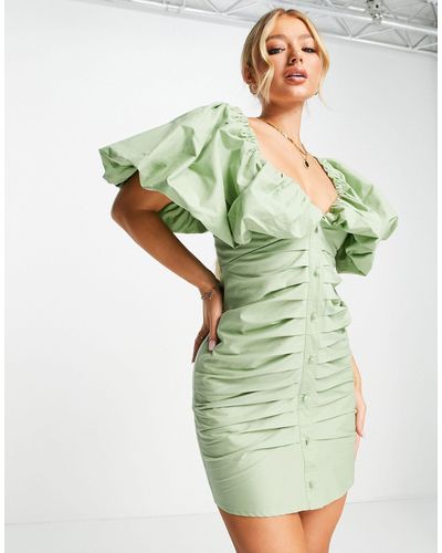 ASOS Pleated Front Poplin Mini Dress With Back Bow Tie - Green