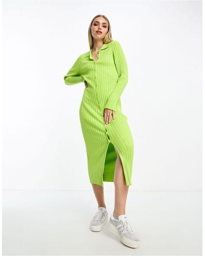 Monki Rib Knit Polo Maxi Dress - Green