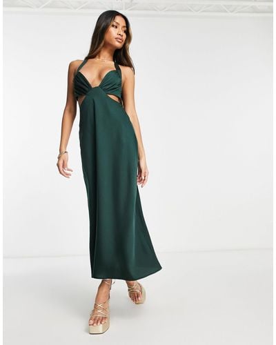 ASOS Satin Halter Plunge Bust Midi Dress With Cut Out Waist Detail - Green