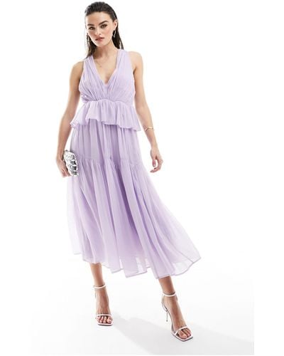 ASOS Plunge Pleated Tiered Midi Dress - Purple