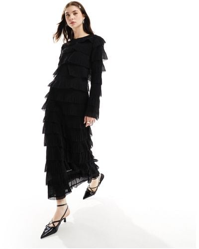 Ghospell Long Sleeve Ruffle Midi Dress - Black