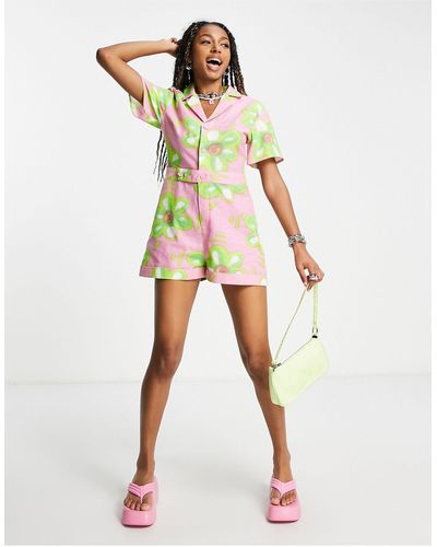Collusion Floral Button Down Short Sleeve Playsuit - Pink