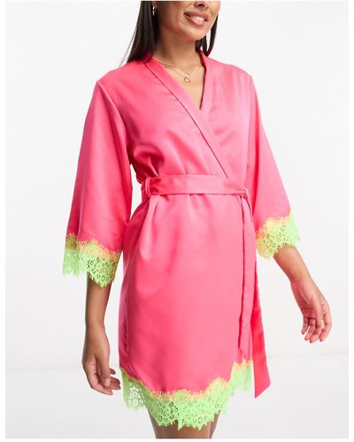 Loungeable Satin Robe With - Pink