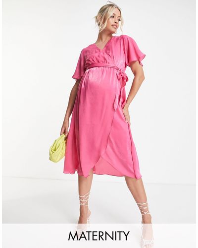 River Island Flutter Sleeve Satin Wrap Midi Dress - Pink