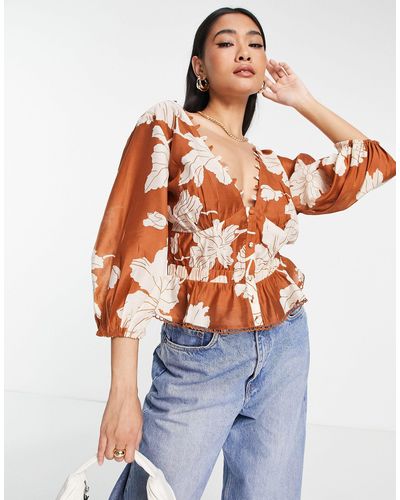 ASOS Blouse Met Elastische Taille, Peplum En Knoopjes - Meerkleurig