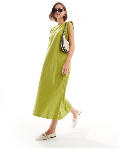 ASOS Cotton Shapeless Midi Dress With Shoulder Pads - Green