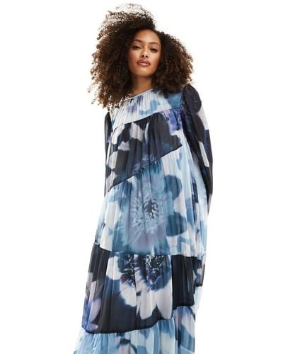 ASOS Mixed Floral Print Smock Maxi Dress - Blue
