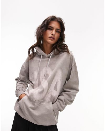 TOPSHOP Graphic Blurred Usa Vintage Wash Oversized Hoodie - Natural