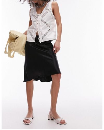 TOPSHOP Satin Drawstring 90s Length Skirt - Black