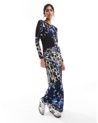 Vero Moda Robe longue en tulle imprimé papillons abstrait avec bords ondulés et manches longues - Bleu