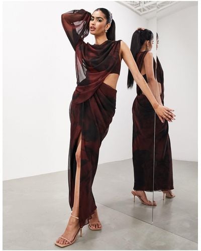 ASOS One Sleeve Draped Asymmetric Grecian Maxi Dress - Multicolour
