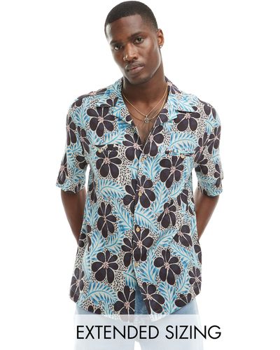 ASOS Relaxed Revere Shirt With Floral Retro Print - Blue
