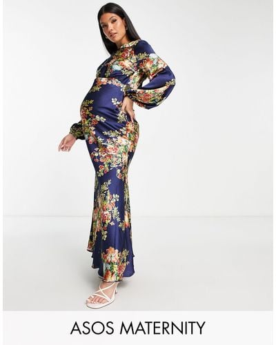 ASOS Asos Design Maternity High Neck Maxi Dress With Flared Cuff - Blue