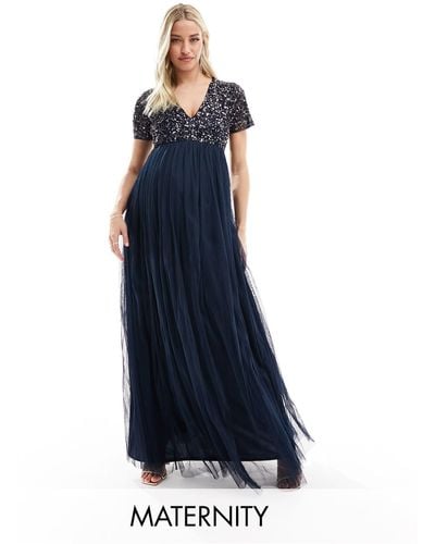 Maya Maternity Bridesmaid Short Sleeve Maxi Tulle Dress With Tonal Delicate Sequins - Blue