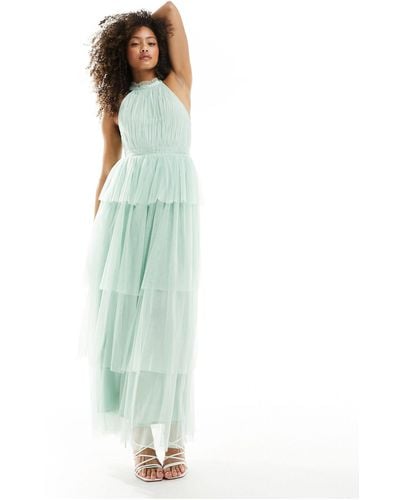 Vila Bridesmaid Halterneck Tulle Maxi Dress With Tiered Skirt - Green