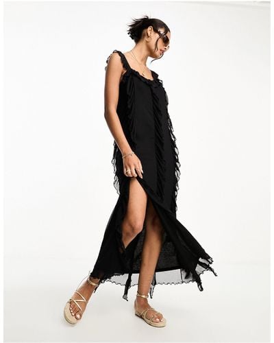 Monki Mesh Ruffle Detail Midi Dress - Black
