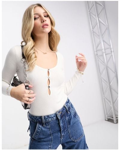 Miss Selfridge Knit Rib Cut Out Heart Button Bodysuit - White