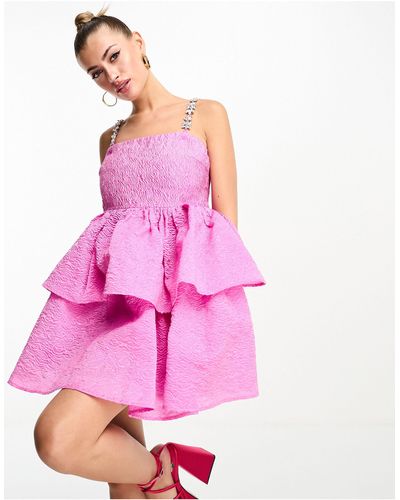 Forever Unique Diamante Strap Tiered Jacquard Mini Dress - Pink