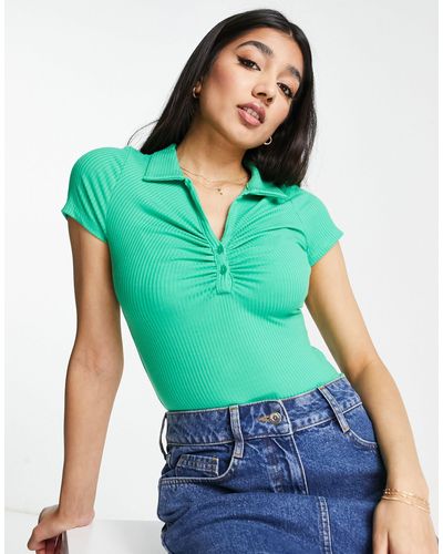 New Look Collared Button Through Ruched Front Top - Green