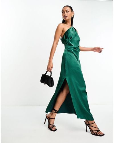 Pretty Lavish Asymmetric Ruched Satin Midaxi Dress - Green