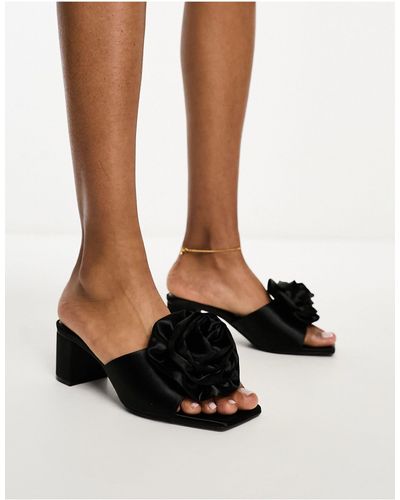 Monki Satin Heeled Mule Sandals With Flower - Black