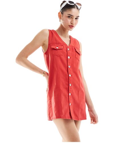 ASOS Denim Waistcoat Mini Dress With Button Through - Red