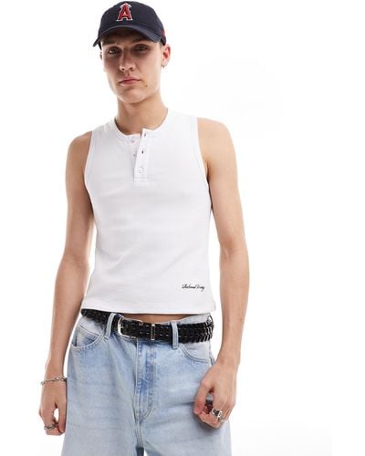 Reclaimed (vintage) Ribbed Tank Vest With Henley Detail - White