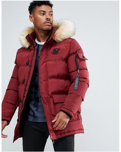 SIKSILK Parka Jacket With Faux Fur Hood In Burgundy - Red