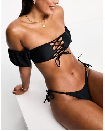 Miss Selfridge Short Sleeve Lace Up Detail Bikini Top - Black