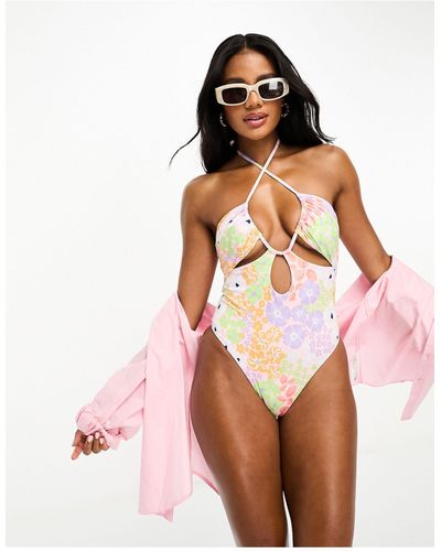 ASOS Gathered Ruche Cut Out Swimsuit - Multicolour