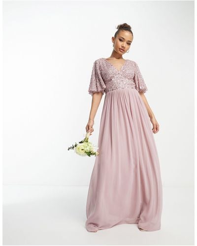 Beauut Bridesmaid Emellished Bodice Maxi Dress With Flutter Sleeve - Pink