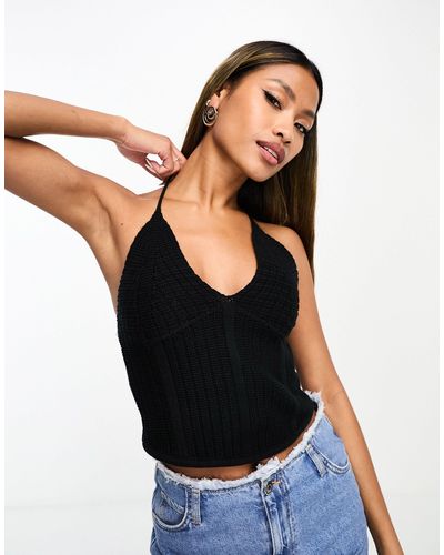 Sixth June Thick Knitted Halterneck Crop Top - Black