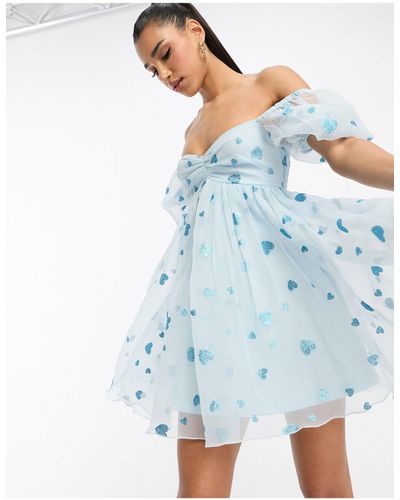 LACE & BEADS Exclusive Babydoll Organza Mini Dress - Blue